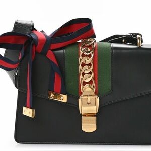 Gucci Sylvie Black and Green Crossbody Bag with Gold Accents